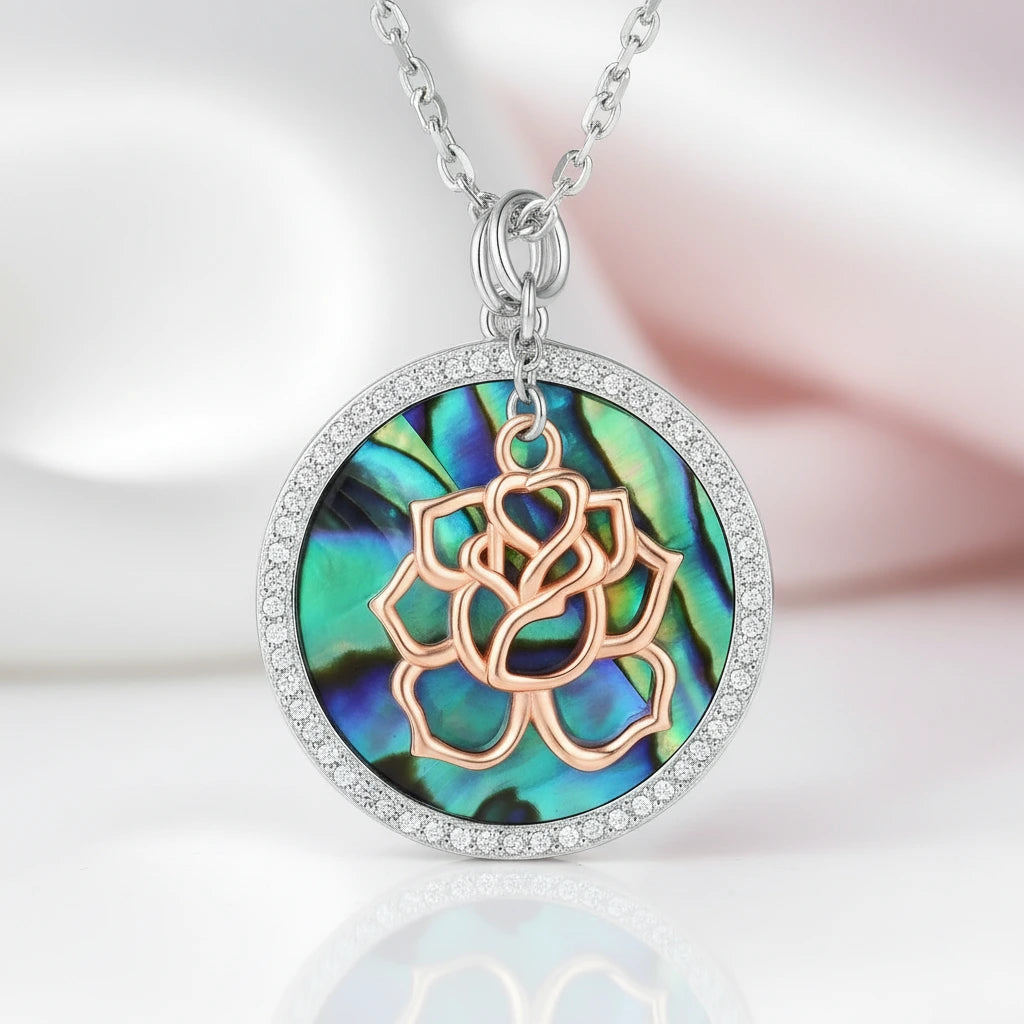 Abalone Shell Pendant Necklace with Rose Gold Flower-Black Diamonds New York