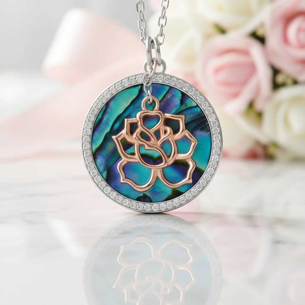 Abalone Shell Pendant Necklace with Rose Gold Flower-Black Diamonds New York