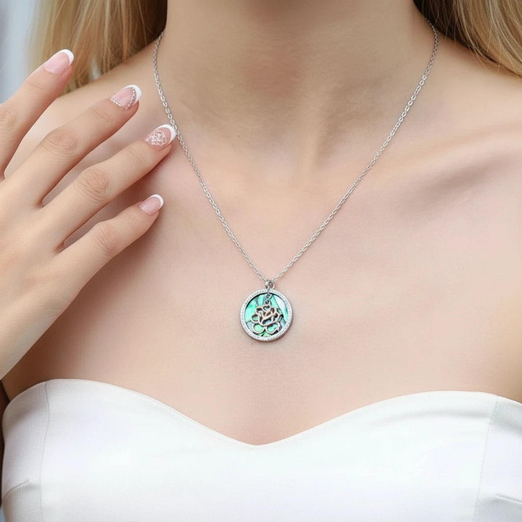 Abalone Shell Pendant Necklace with Rose Gold Flower-Black Diamonds New York