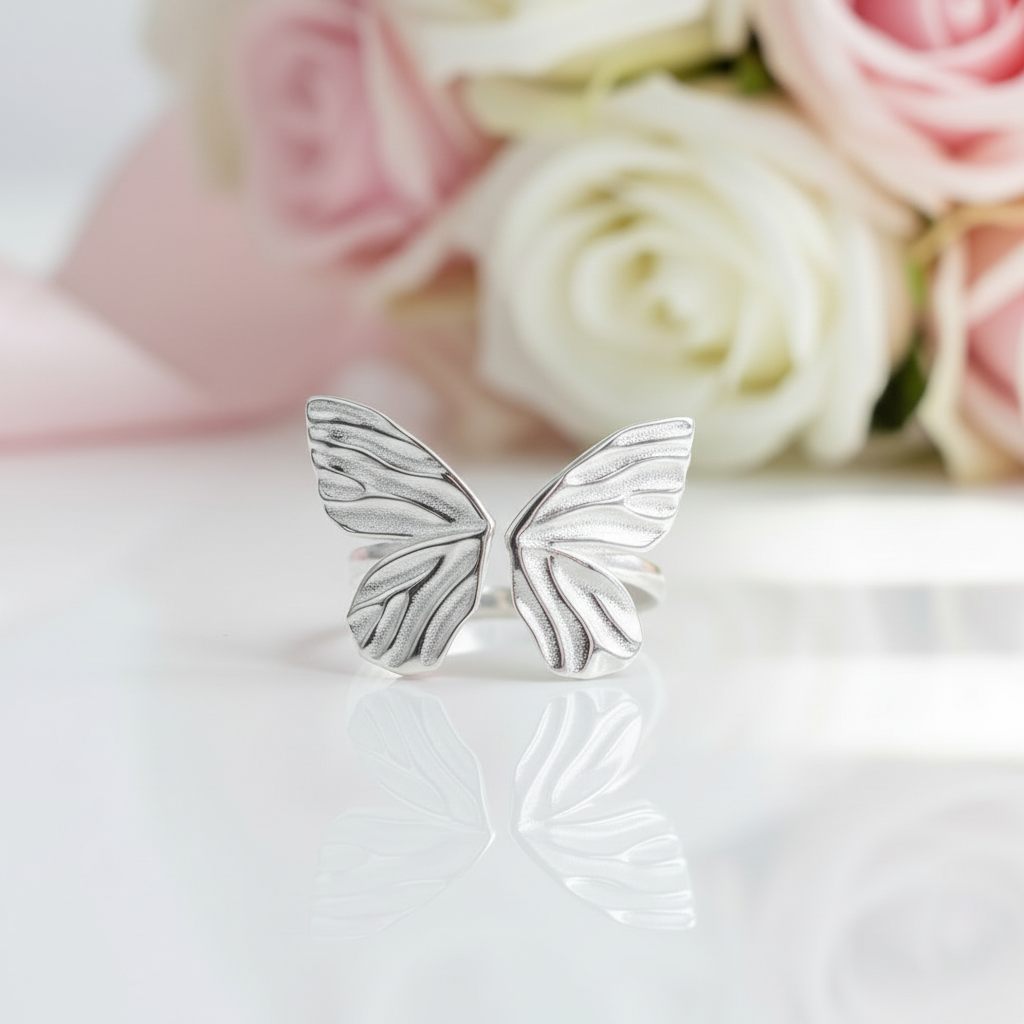 Silver butterfly rings on a reflective surface with pink and white roses in the background