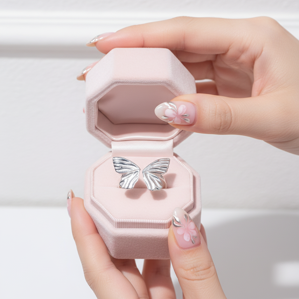 Pink jewelry box with butterfly design held by a hand on a light background