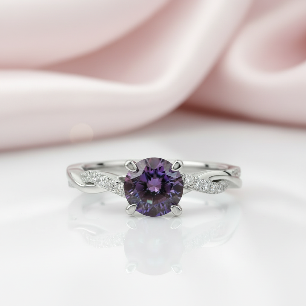 Alexandrite Stone Twist Round Cut Engagement Ring-Black Diamonds New York