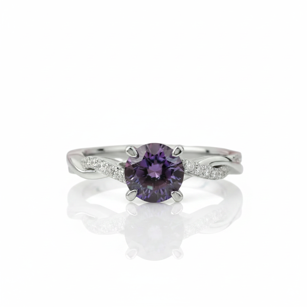 Alexandrite Stone Twist Round Cut Engagement Ring-Black Diamonds New York