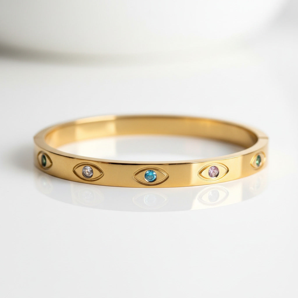 All-Seeing Eye Stainless Steel Bangle with Multi-color Stones-Black Diamonds New York