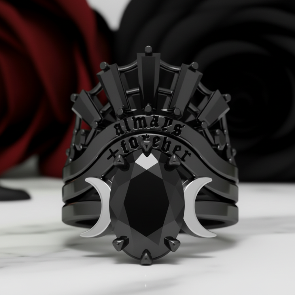 Always and Forever Promise Rings - Oval Cut Diamond Option Gothic Bridal Set in 14K Rose Gold-Black Diamonds New York