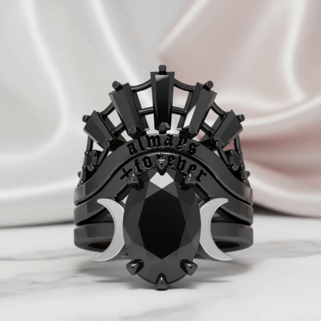 Always and Forever Promise Rings - Oval Cut Diamond Option Gothic Bridal Set in 14K Rose Gold-Black Diamonds New York