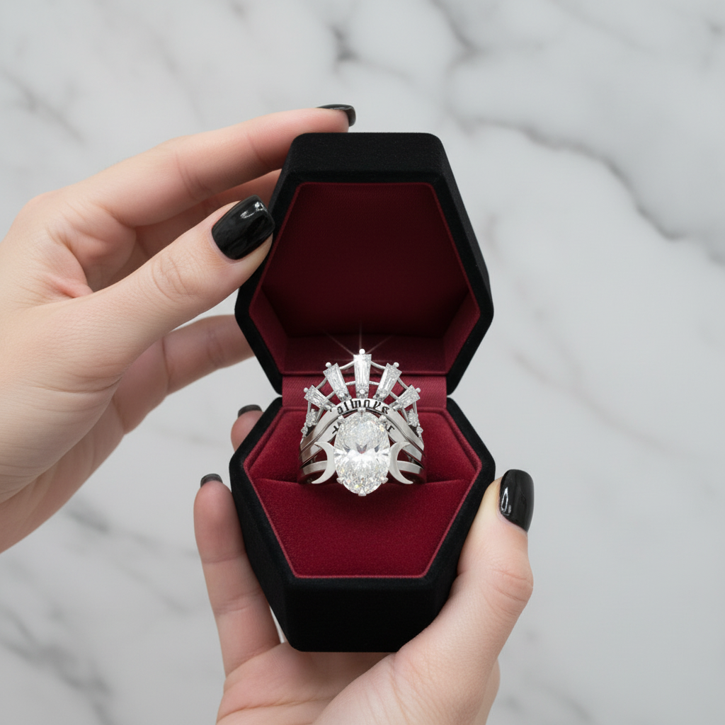 Always and Forever Promise Rings - Oval Cut Diamond Option Gothic Bridal Set in 14K Rose Gold-Black Diamonds New York