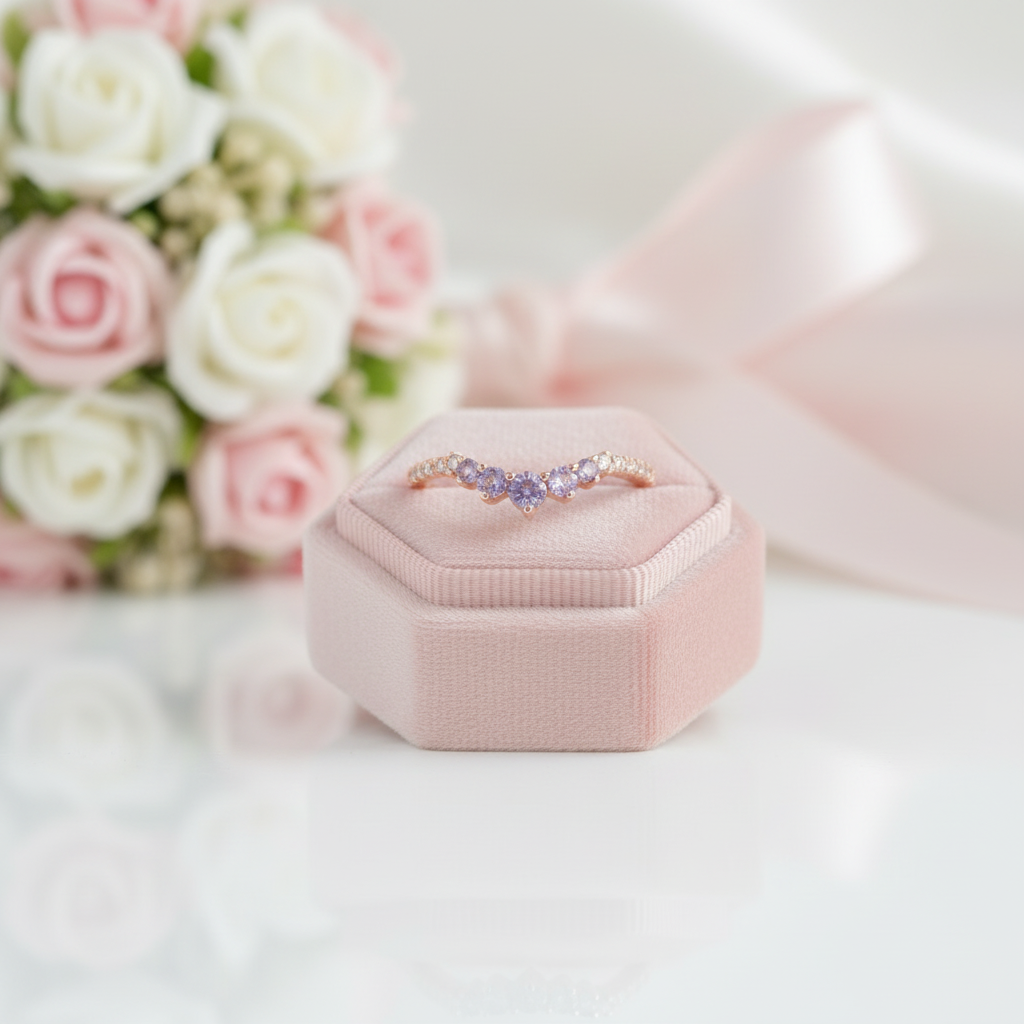 Amethyst Purple Thin Stacking Wedding Band-Black Diamonds New York