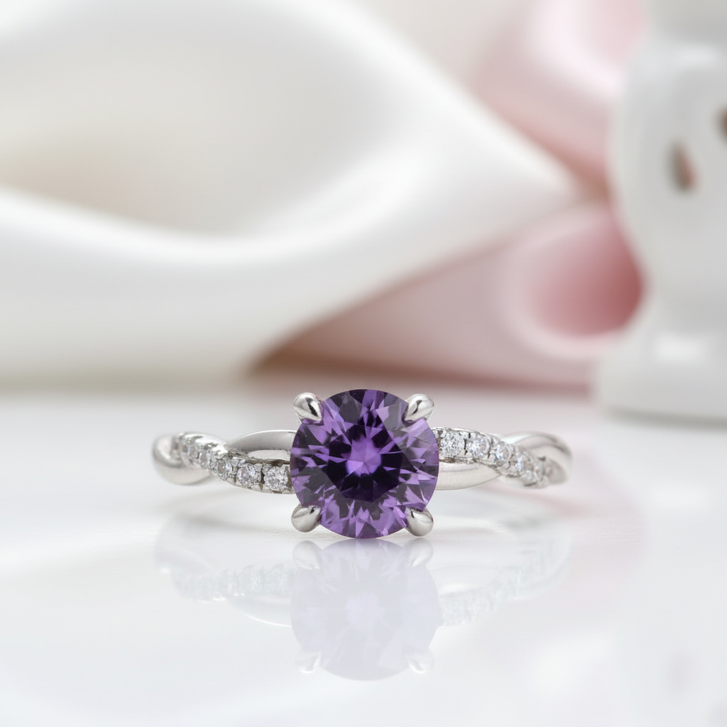 Amethyst Purple Twist Round Cut Engagement Ring-Black Diamonds New York