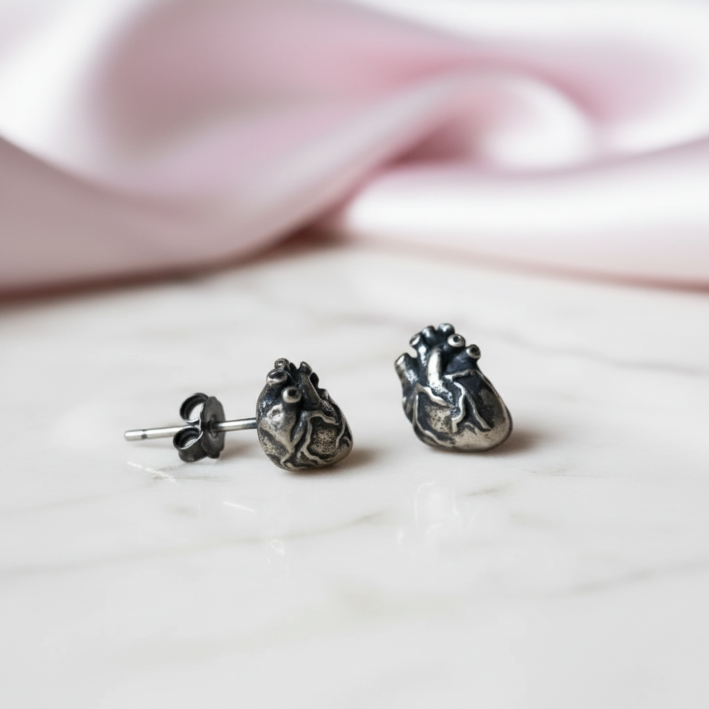 Anatomical Human Heart Punk Stud Earrings-Black Diamonds New York
