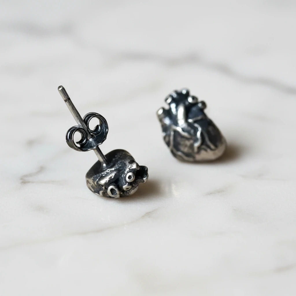 Anatomical Human Heart Punk Stud Earrings-Black Diamonds New York