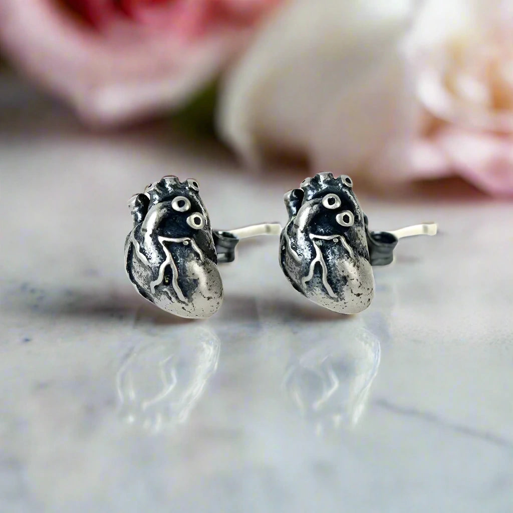 Anatomical Human Heart Punk Stud Earrings-Black Diamonds New York
