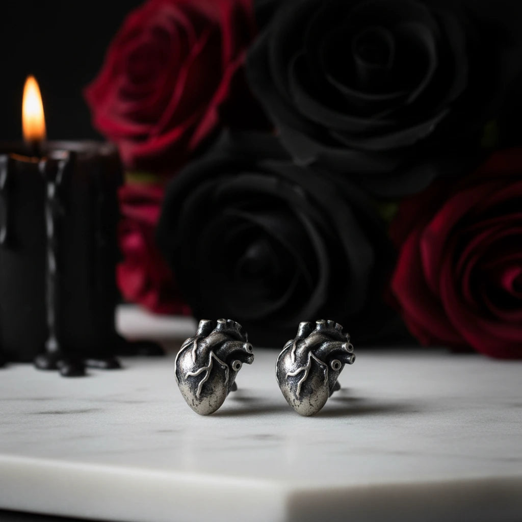 Anatomical Human Heart Punk Stud Earrings-Black Diamonds New York