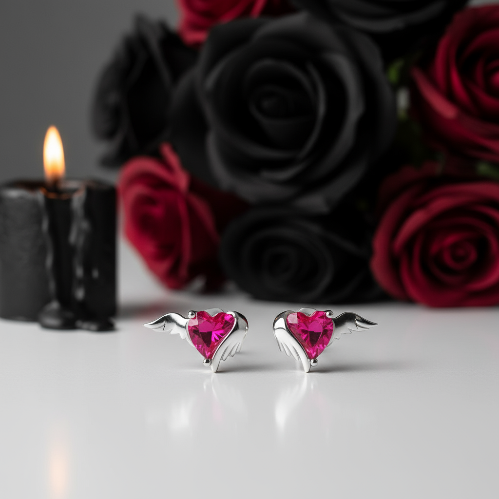 Angel & Devil Pink Heart Cut Diamond Stud Earrings-Black Diamonds New York