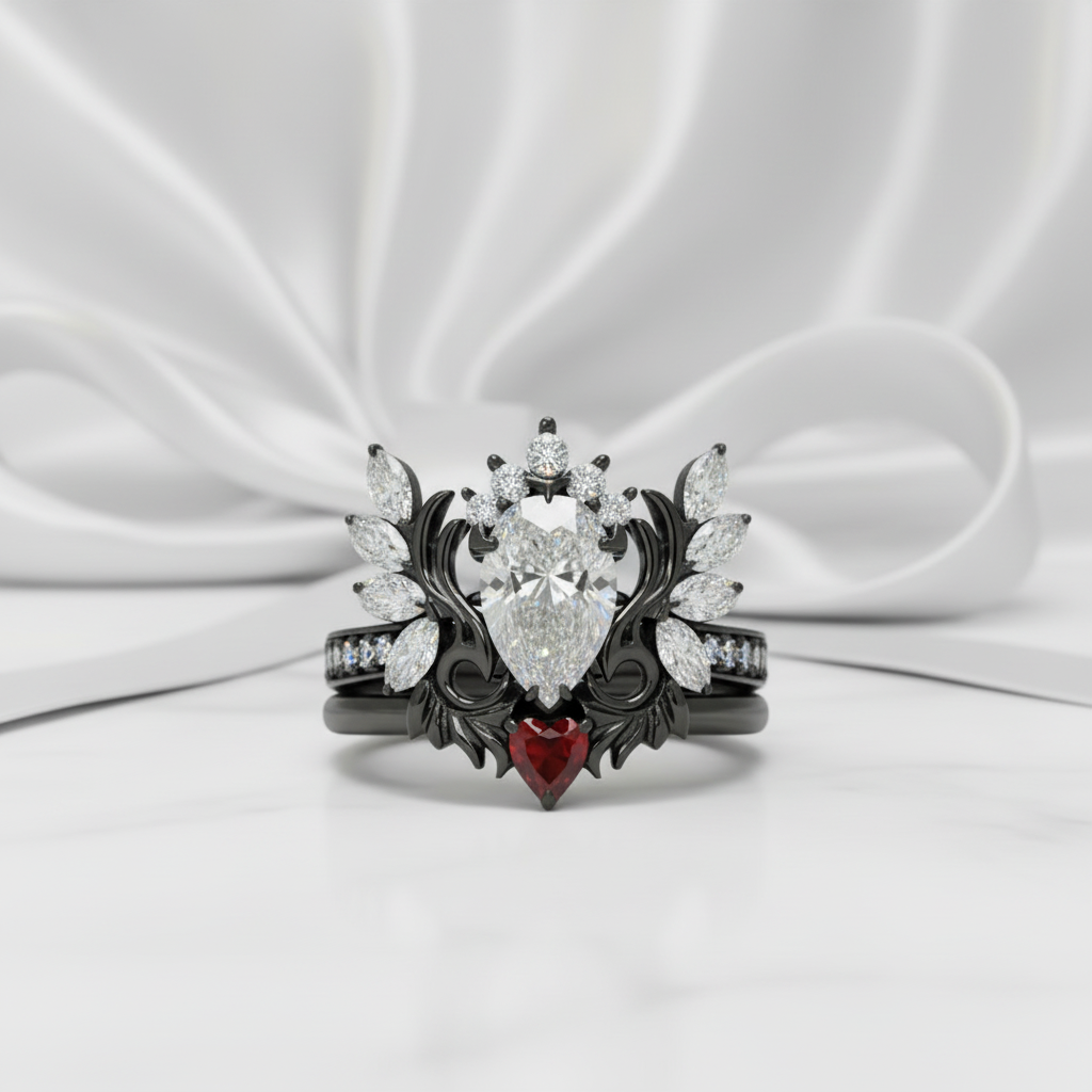 Angel's Wings- 14k White Gold Pear Cut and Red Heart Diamond Option Gothic Promise Ring-Black Diamonds New York