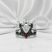 Angel's Wings- 14k White Gold Pear Cut and Red Heart Diamond Option Gothic Promise Ring-Black Diamonds New York