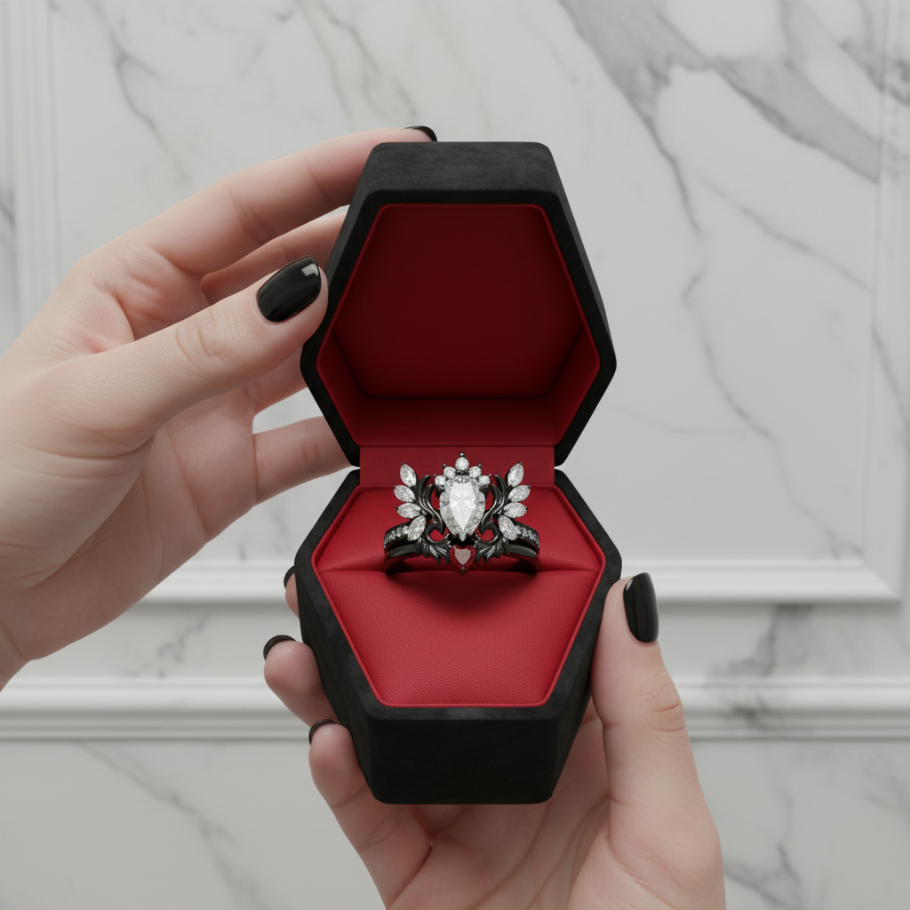 Angel's Wings- 14k White Gold Pear Cut and Red Heart Diamond Option Gothic Promise Ring-Black Diamonds New York