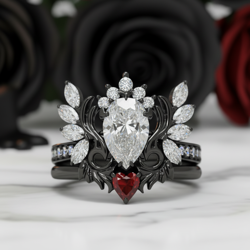 Angel's Wings- 14k White Gold Pear Cut and Red Heart Diamond Option Gothic Promise Ring-Black Diamonds New York
