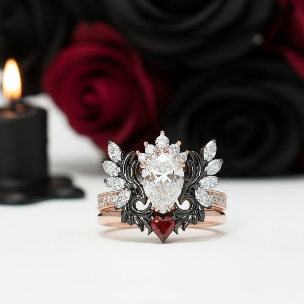 Angel's Wings- 14k White Gold Pear Cut and Red Heart Diamond Gothic Promise Ring-Black Diamonds New York