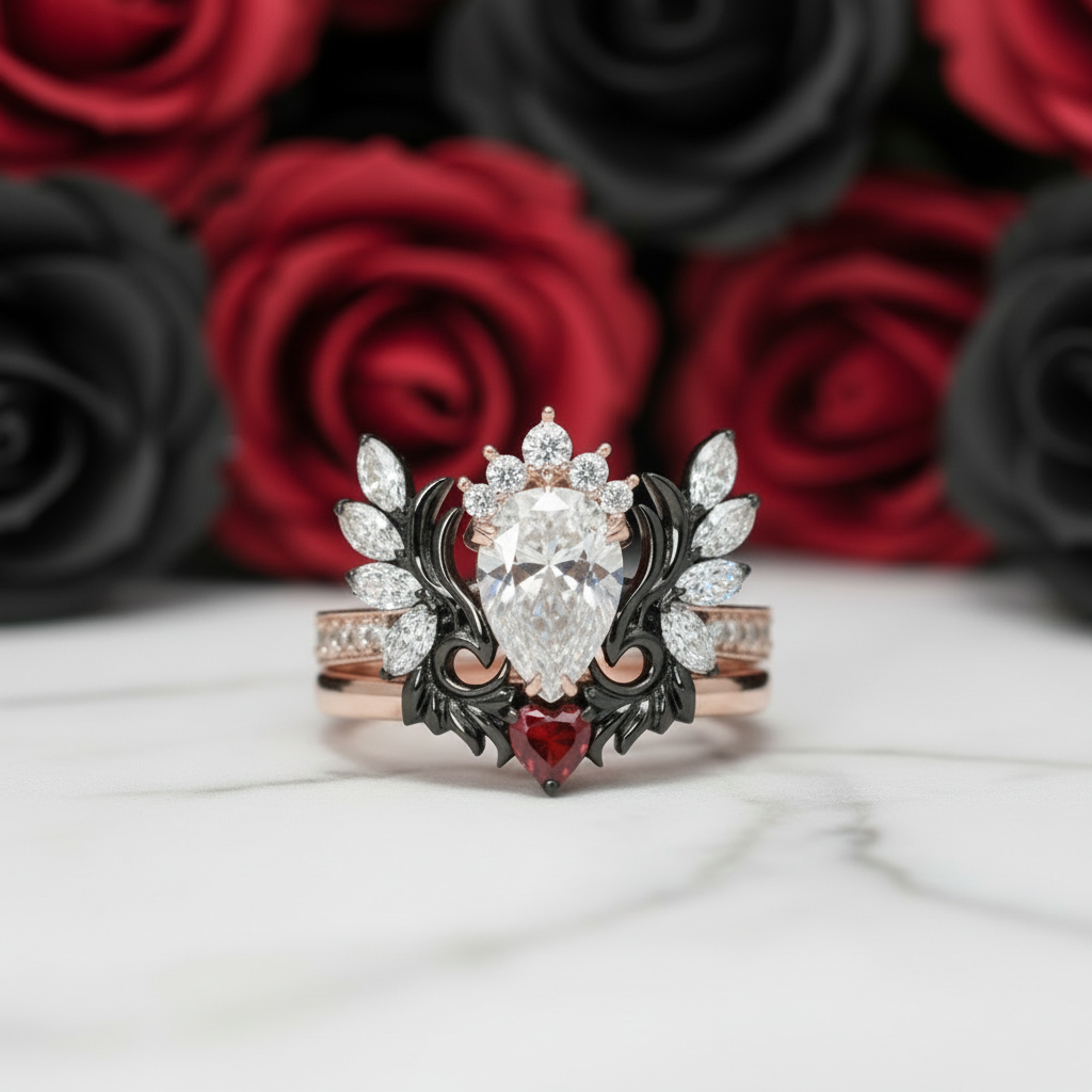 Angel's Wings- 14k White Gold Pear Cut and Red Heart Diamond Gothic Promise Ring-Black Diamonds New York