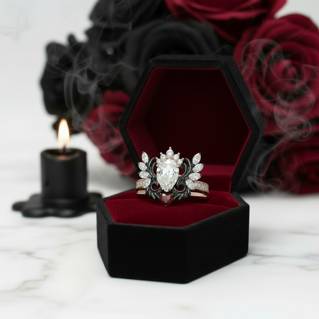 Angel's Wings- 14k White Gold Pear Cut and Red Heart Diamond Option Gothic Promise Ring-Black Diamonds New York