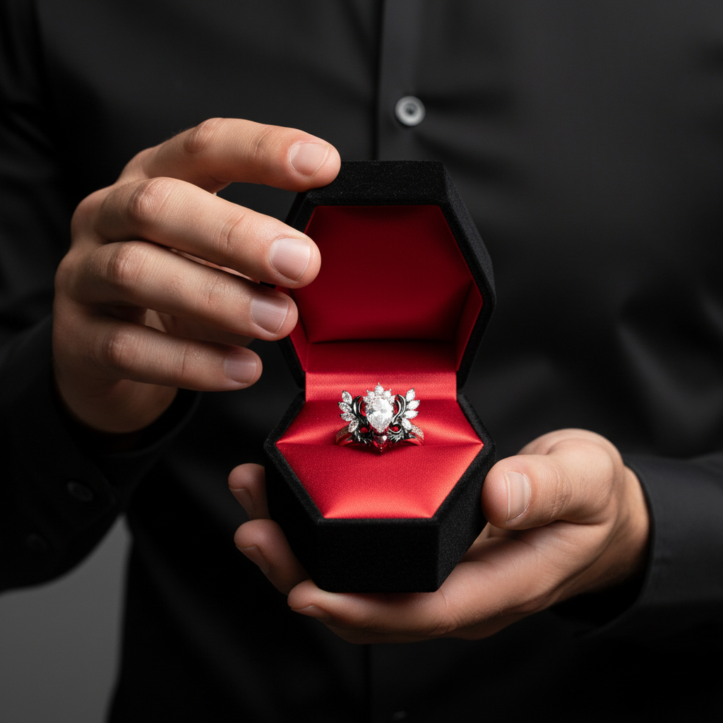 Angel's Wings- 14k White Gold Pear Cut and Red Heart Diamond Gothic Promise Ring-Black Diamonds New York