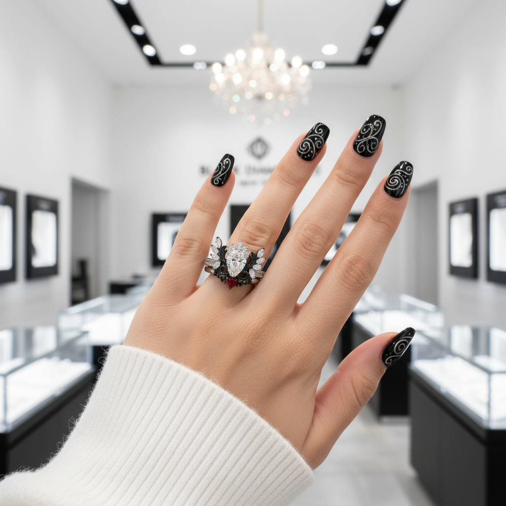 Angel's Wings- 14k White Gold Pear Cut and Red Heart Diamond Option Gothic Promise Ring-Black Diamonds New York