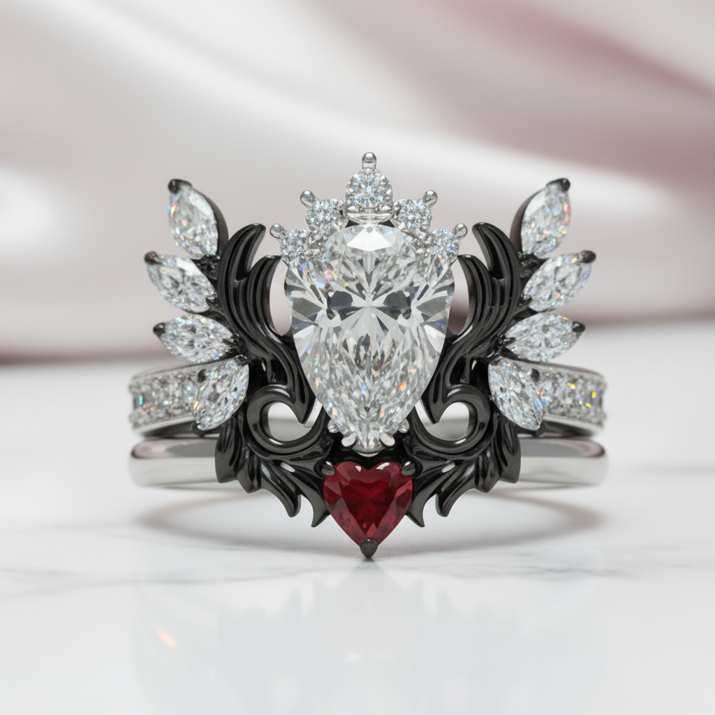Angel's Wings- 14k White Gold Pear Cut and Red Heart Diamond Option Gothic Promise Ring-Black Diamonds New York