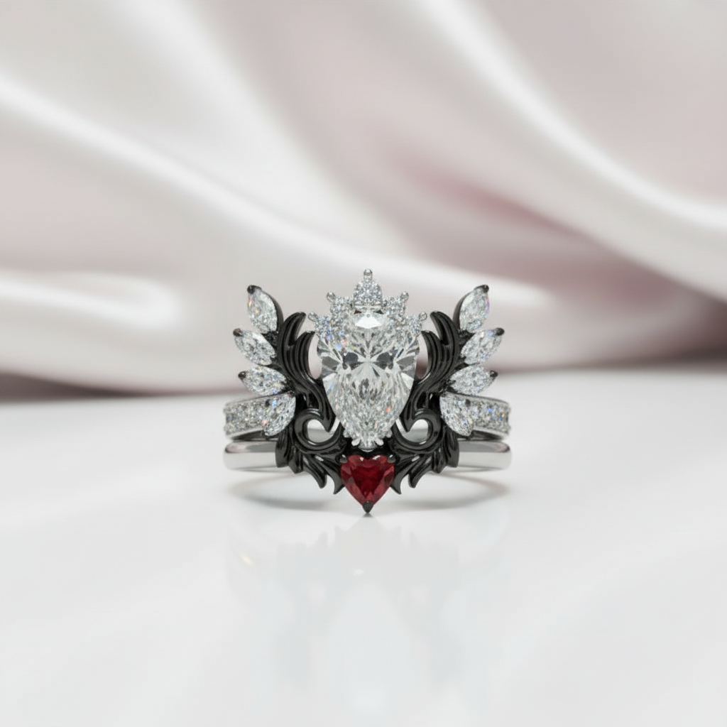 Angel's Wings- 14k White Gold Pear Cut and Red Heart Diamond Gothic Promise Ring-Black Diamonds New York