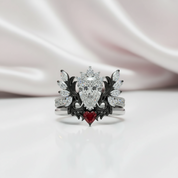 Angel's Wings- 14k White Gold Pear Cut and Red Heart Diamond Gothic Promise Ring-Black Diamonds New York