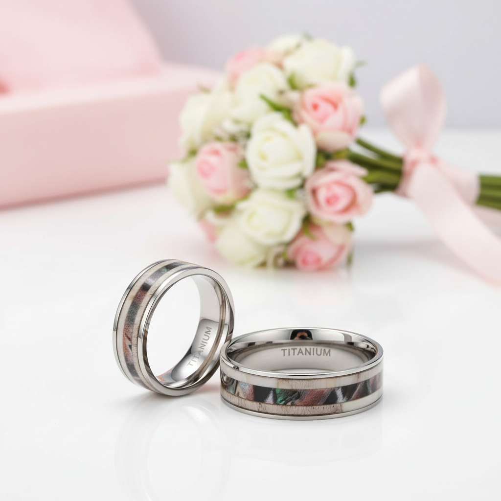 Antler Camouflage Granite Titanium Wedding Band-Black Diamonds New York