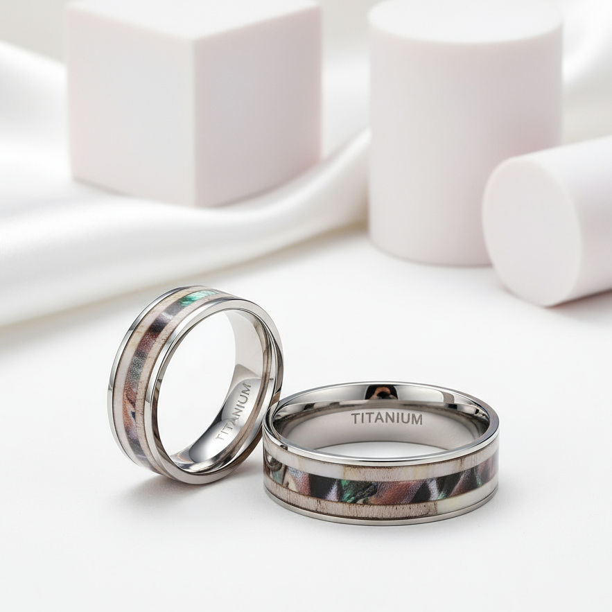 Antler Camouflage Granite Titanium Wedding Band-Black Diamonds New York