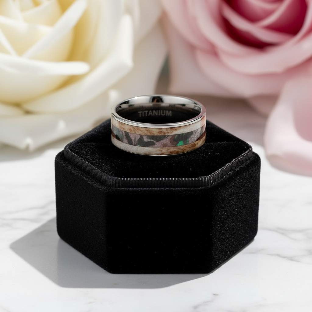 Antler Camouflage Granite Titanium Wedding Band-Black Diamonds New York