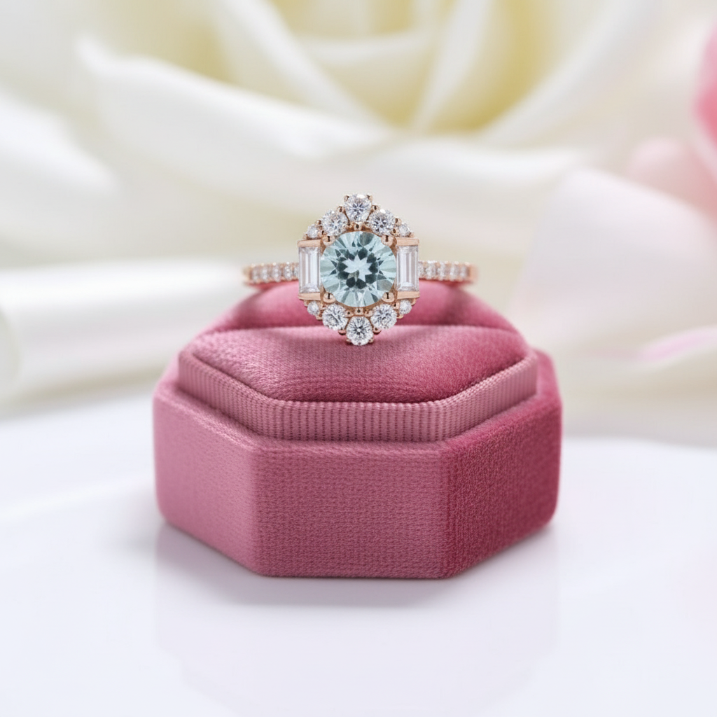 Aquamarine Birth Stone Engagement Ring-Black Diamonds New York