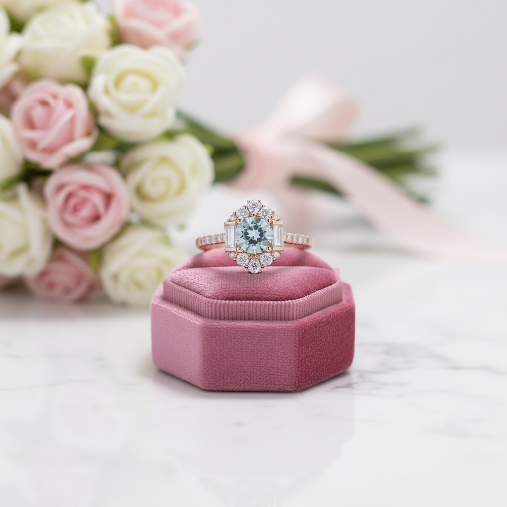 Aquamarine Birth Stone Engagement Ring-Black Diamonds New York