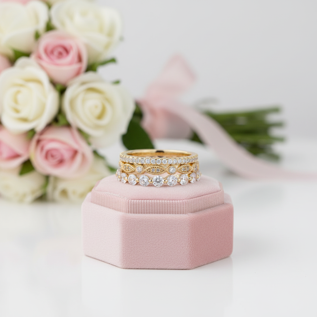 Art Deco 3-Pieces Stackable Wedding Band Set-Black Diamonds New York