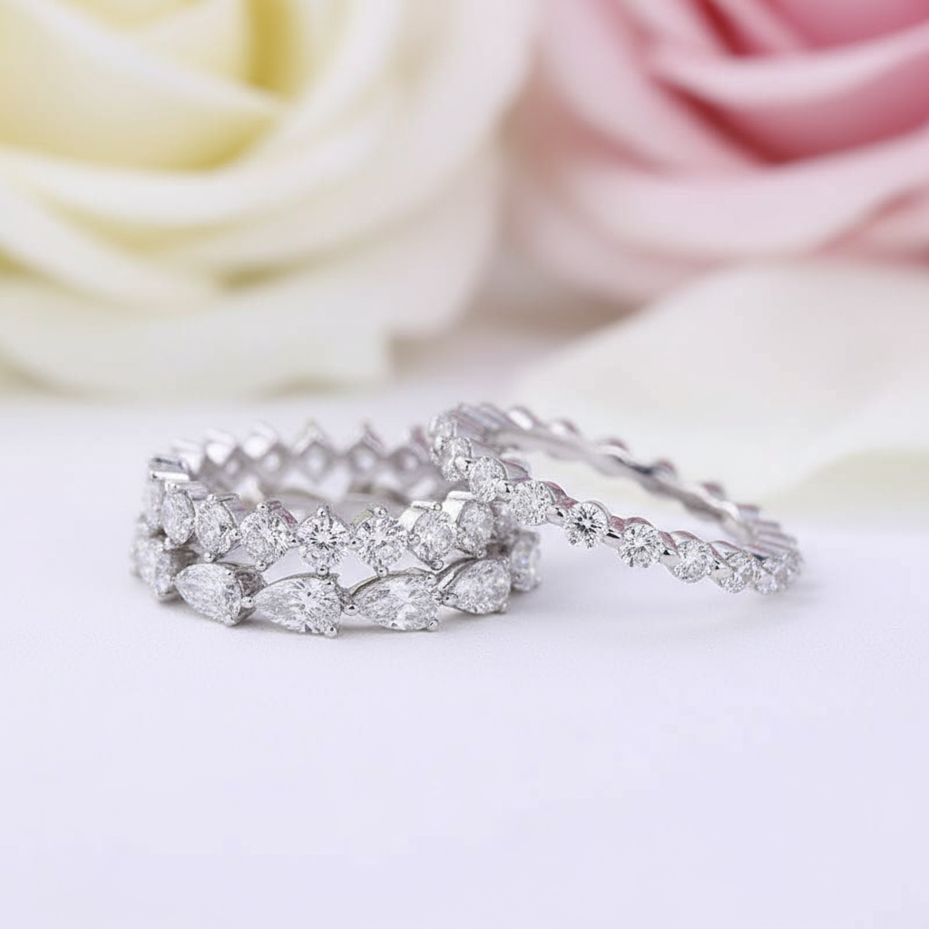 Art Deco Eternity 3PC Stacking Wedding Band Set-Black Diamonds New York