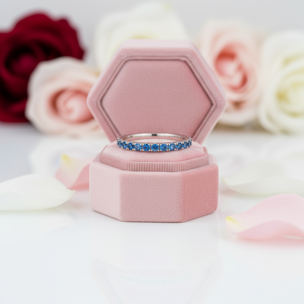 Art Deco Half Eternity Light Aquamarine Blue Wedding Band-Black Diamonds New York