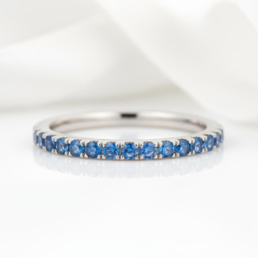 Art Deco Half Eternity Light Aquamarine Blue Wedding Band-Black Diamonds New York