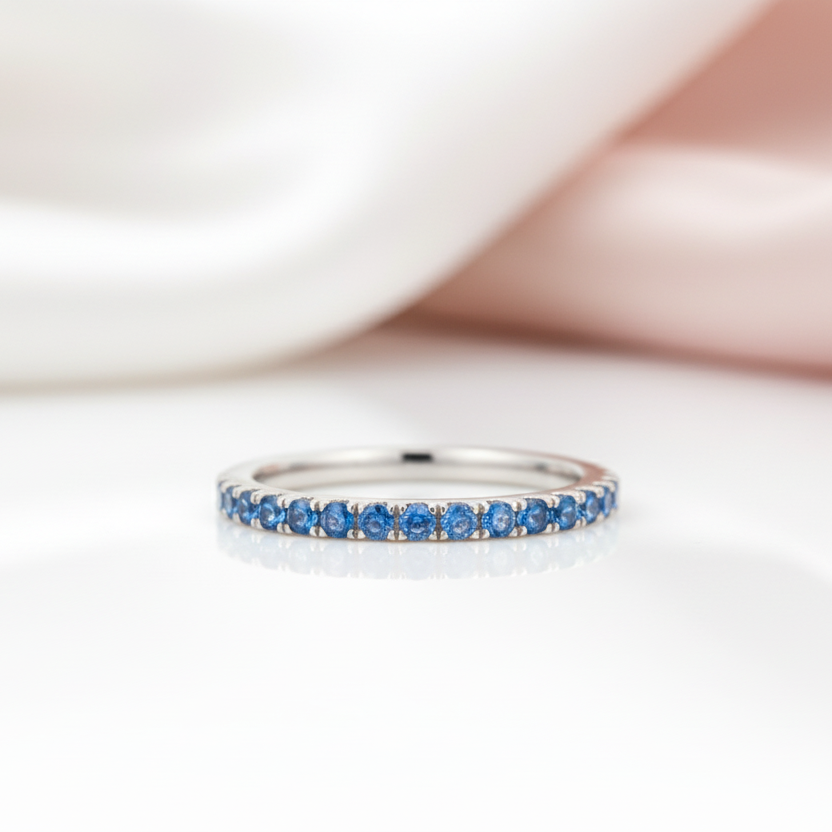 Art Deco Half Eternity Light Aquamarine Blue Wedding Band-Black Diamonds New York