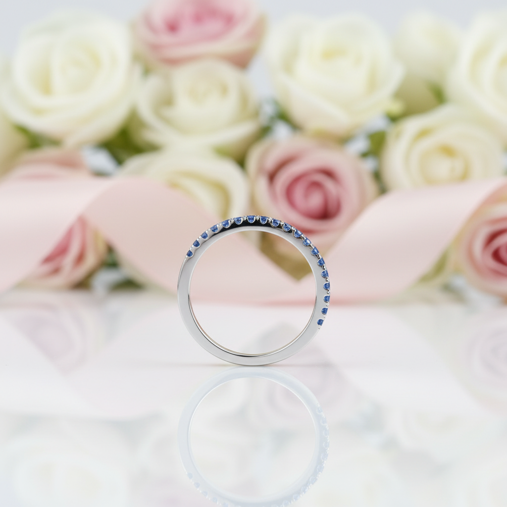 Art Deco Half Eternity Light Aquamarine Blue Wedding Band-Black Diamonds New York