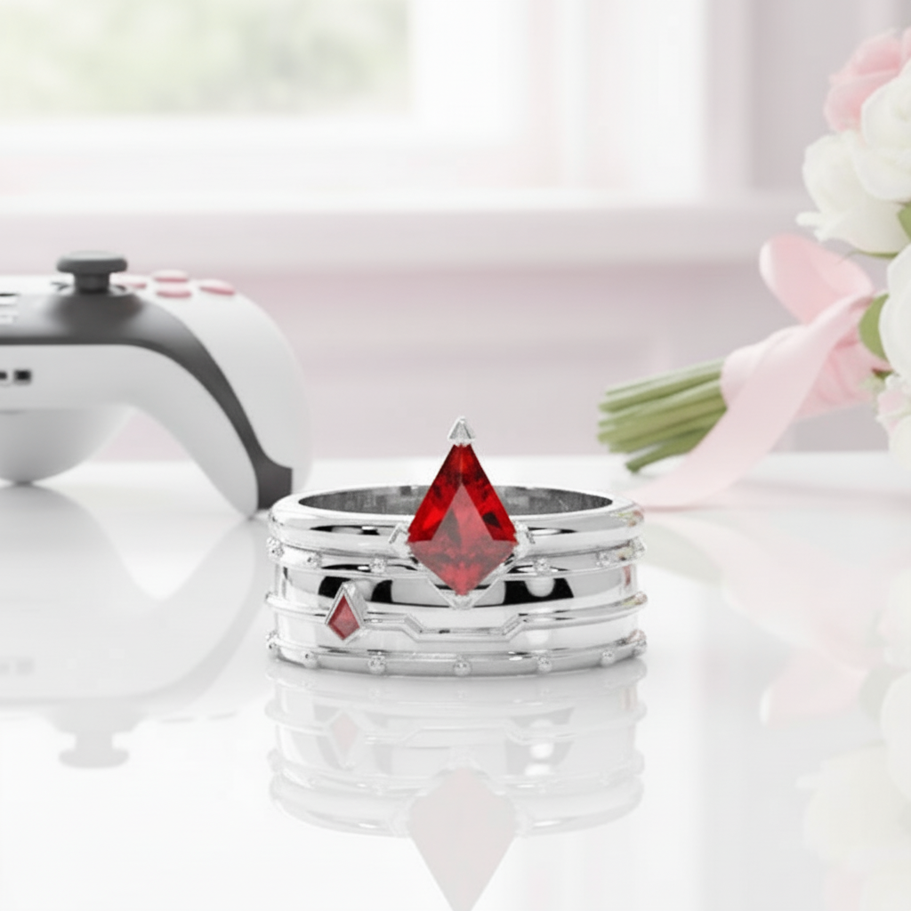 Assassin's Promise Ring Set (Women)- 14k Yellow Gold Video Game Inspired Rings-Black Diamonds New York