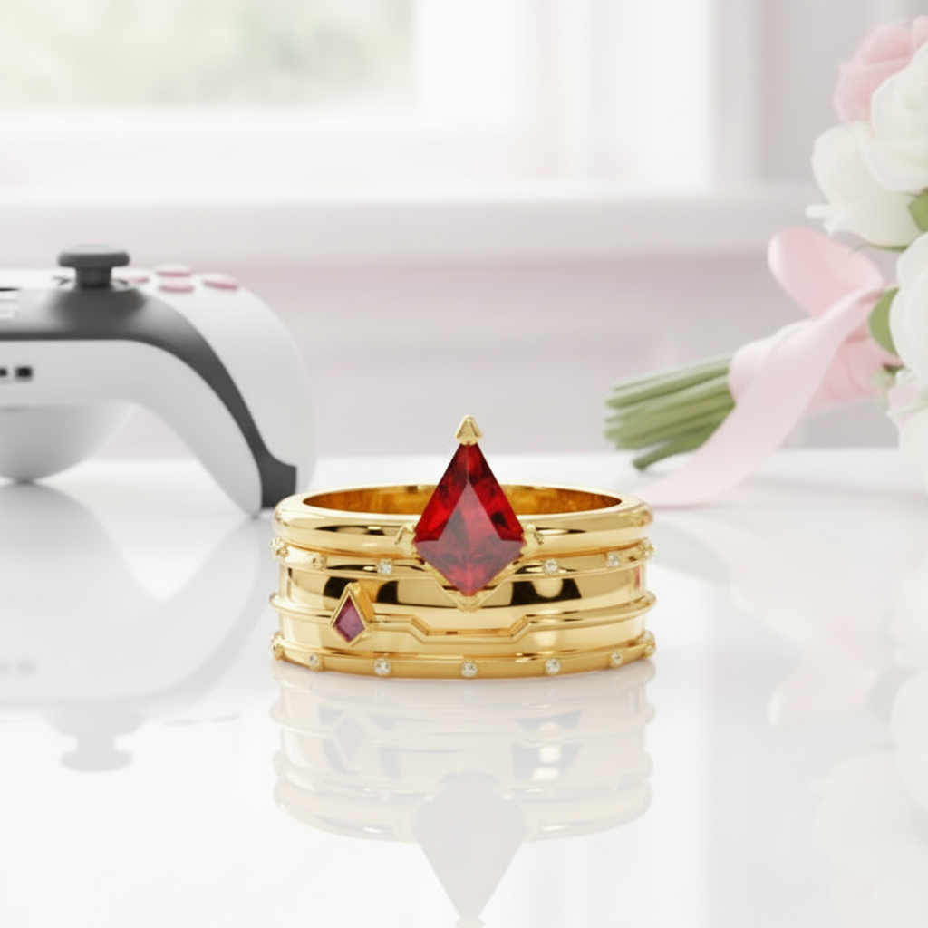 Assassin's Promise Ring Set (Women)- 14k Yellow Gold Video Game Inspired Rings-Black Diamonds New York