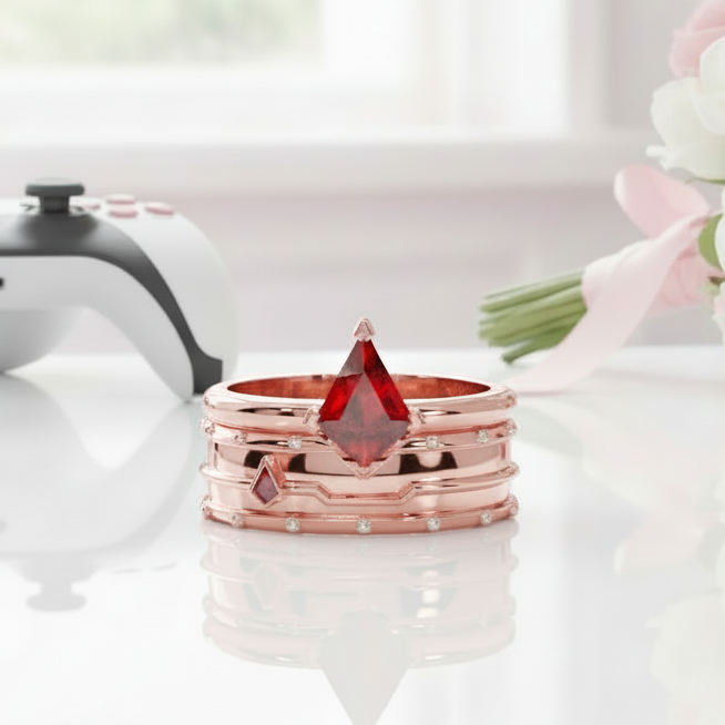 Assassin's Promise Ring Set (Women)- 14k Yellow Gold Video Game Inspired Rings-Black Diamonds New York