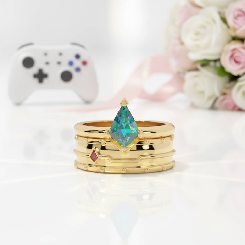 Assassin's Promise Ring Set (Women)- 14k Yellow Gold Video Game Inspired Rings-Black Diamonds New York