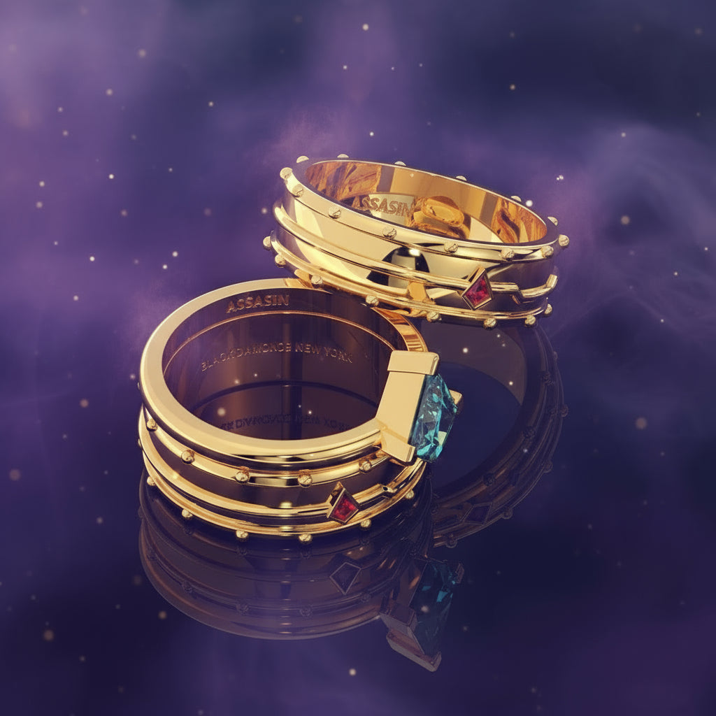 Assassin's Promise Ring Set (Women)- 14k Yellow Gold Video Game Inspired Rings-Black Diamonds New York