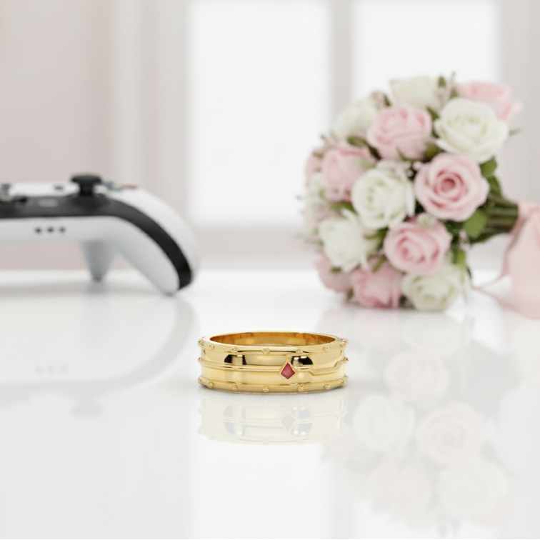 Assasin's Promise Ring Band (Unisex)- 14k Yellow Gold Video Game Inspired Rings-Black Diamonds New York