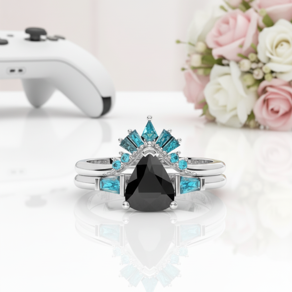 Assasin's Romance Engagement Ring (Women)- 14k Yellow Gold Video Game Inspired Rings-Black Diamonds New York