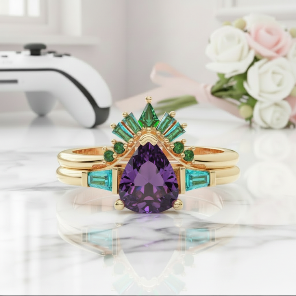 Assasin's Romance Engagement Ring (Women)- 14k Yellow Gold Video Game Inspired Rings-Black Diamonds New York