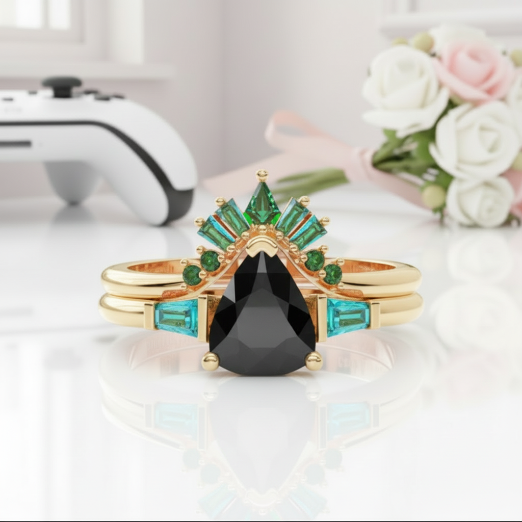 Assasin's Romance Engagement Ring (Women)- 14k Yellow Gold Video Game Inspired Rings-Black Diamonds New York